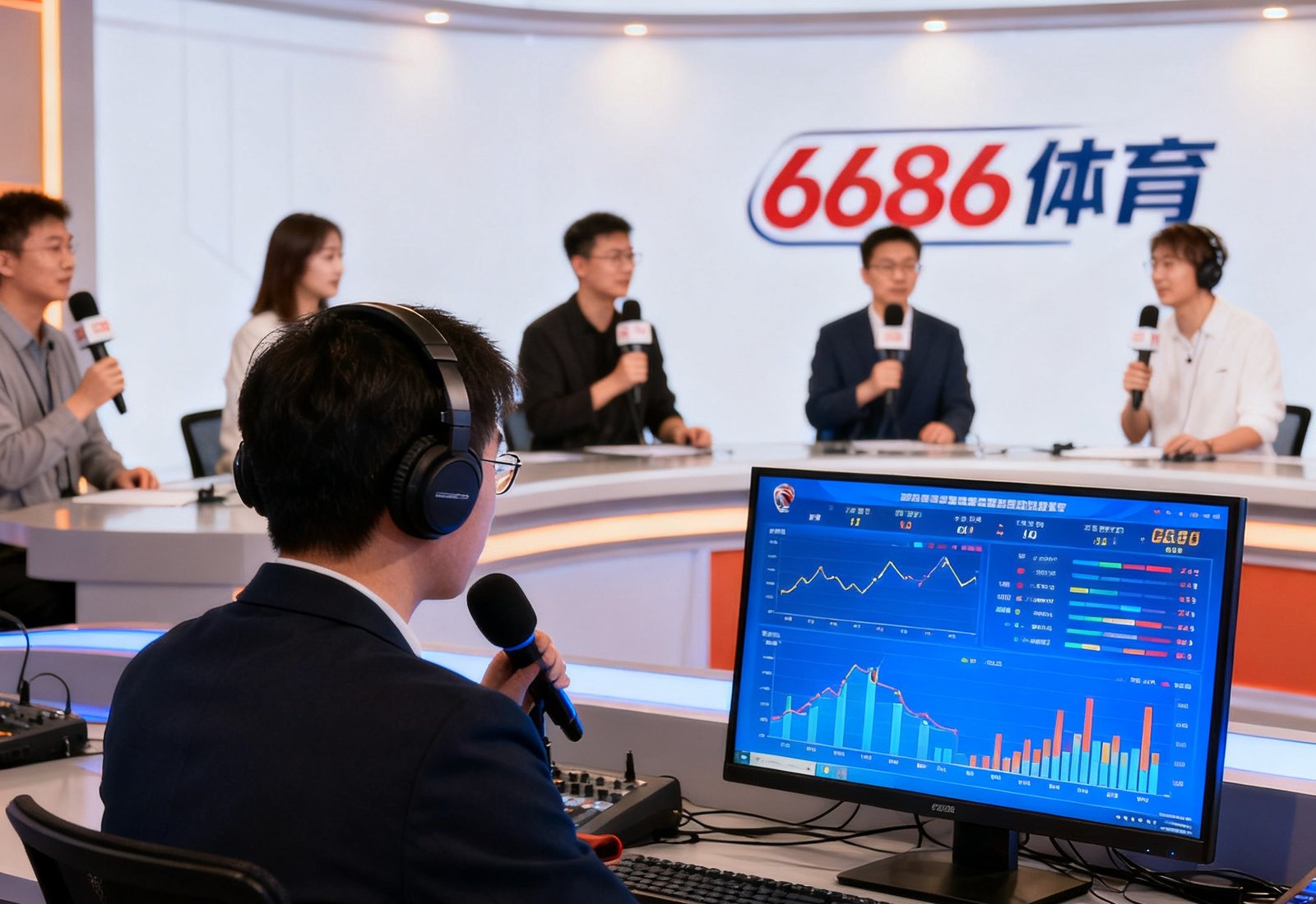6686体育团队工作场景，数据分析师在屏幕前监测实时比赛数据，解说团队正在演播室录制节目，展现专业协作氛围